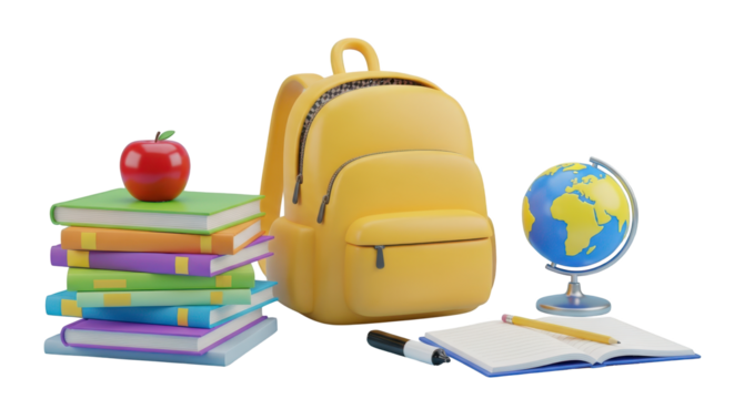 Yellow Backpack Stacked Books Globe and Stationery on White Background school supplies education isolated on a transparent background - Powered by Adobe
