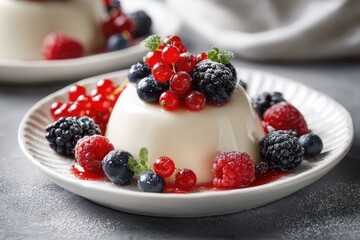 Creamy panna cotta dessert, topped with fresh berries and a dusting of sugar