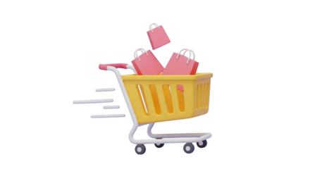 Yellow shopping cart filled with pink shopping bags moving fast trolley isolated on a transparent background