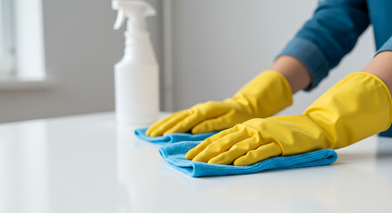 Cleaning and sanitizing a kitchen countertop.

