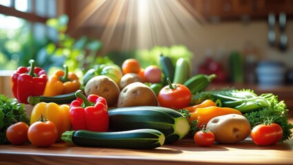 Vibrant display of fresh, colorful vegetables arranged on a wooden surface, bathed in natural light.
