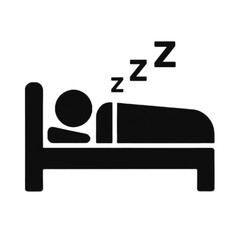 sleeping person icon, Icon man sleeping on bed on white background vector, A simple black and white drawing of a person sleeping in a bed under a blanket on a pillow. Generative ai
