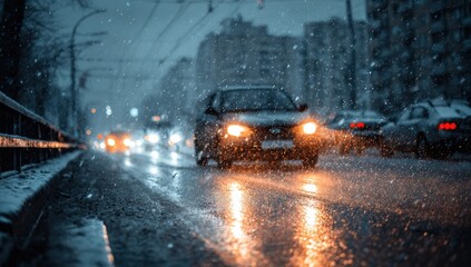 City street in a winter snowstorm