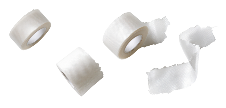 Rolled-up, off-white adhesive tapes