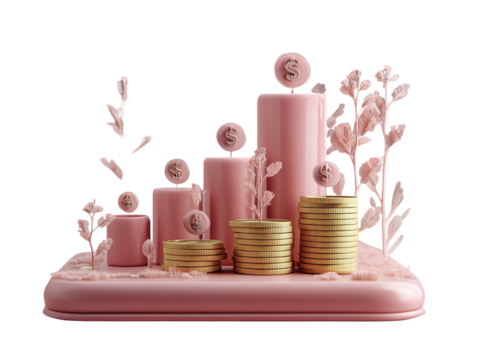 Pink, cylindrical, stacked forms, topped with dollar signs, rise amidst gold coins and delicate pink foliage. A graphic display of growth and finance - Powered by Adobe