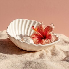 Shell-shaped dish with hibiscus and seashell.  A small, off-white, ceramic, shallow dish, sculpted like a seashell, sits on a bed of light beige sand.  