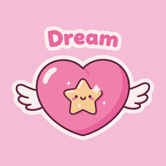 Cute cartoon heart with wings and a smiling star inside. A symbolic illustration for dreams.