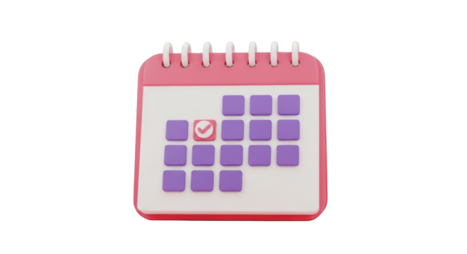 3D Calendar Icon with Check Mark on Purple Square date schedule isolated on a transparent background