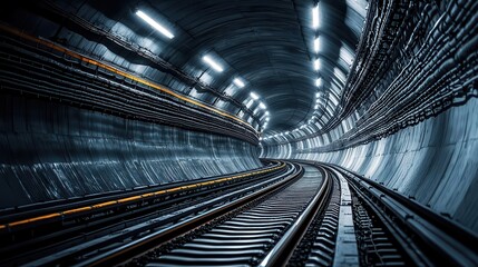 Wideangle view of a subway tunnel with endless tracks disappearing into the distance, sense of depth and speed