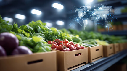 Industrial Warehouse Scene with Vegetables Packed in Cardboard Boxes Ready for Shipment Superimposed World Map with Animated Routes Connecting Continents Bright Lighting and
