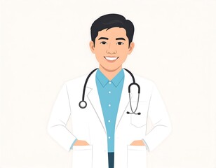 Fototapeta premium Friendly medical professional in a white coat and light blue shirt stands confidently, smiling.
