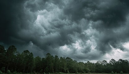 Dark, ominous storm clouds gather above a line of trees