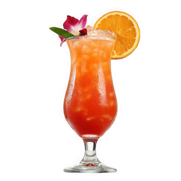 Tropical hurricane cocktail with orange slice and flower isolated on transparent background