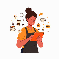 A smiling female cafe owner in an apron efficiently manages her coffee shop, using a digital tablet surrounded by delicious pastries and steaming hot beverages.