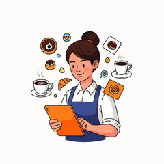 This illustration depicts a diligent cafe professional utilizing a modern tablet device amidst an inviting assortment of delightful pastries and hot beverages.