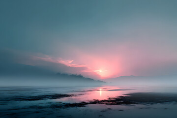 Sonnenuntergang über ruhiger Wasserlandschaft im Nebel 
