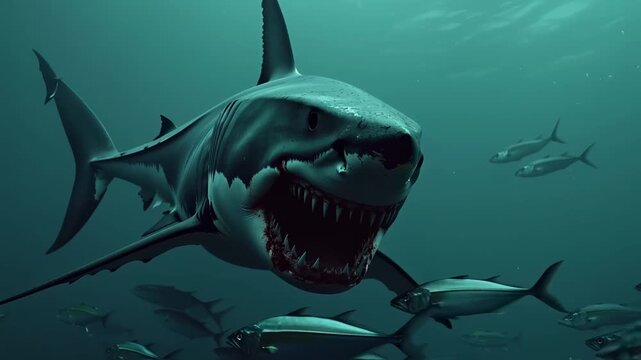 A fierce shark swims through the deep ocean, baring its sharp teeth as it approaches a school of fish. The underwater scene is intense, capturing the wild power and mystery of marine life.