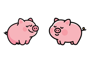 Cute cartoon pink pig doodle illustrations set. A fun and adorable farm animal drawing.