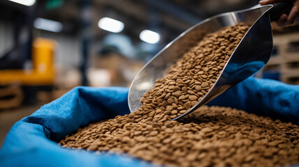 Industrial Bulk Supply Scene Giant Bag of Pet Food with Scoop Inserted Mixed Shape and Colored Kibbles Spilling Slightly Sharp Packaging Edges Under Warehouse Lighting