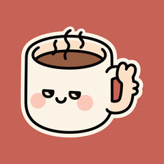 A cute and funny cartoon coffee cup character with a sleepy expression and hot steam, representing morning, fatigue, and beverage.