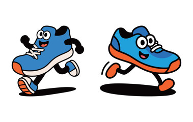 Two cute and funny cartoon running shoe characters with happy smiling faces and arms, representing sports, running and fitness.