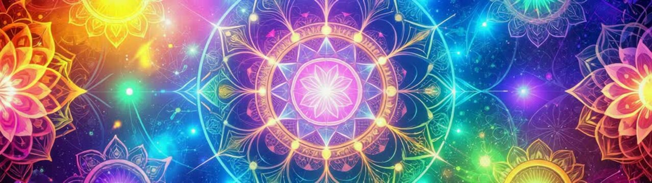 Vibrant mandala pattern radiating with bright light and rainbow colors, perfect for spiritual wellness designs.