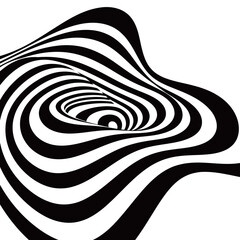 Abstract black and white twisted swirl optical illusion pattern on a white background, representing a tunnel or vortex.