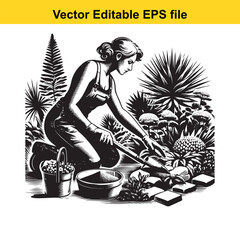 Woman gardening, planting flowers and plants in a garden, vector illustration
