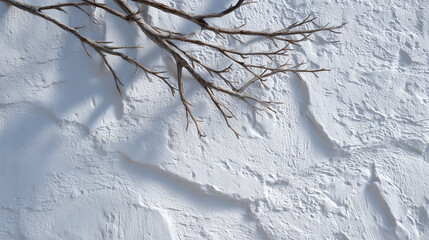 Dry branch silhouette shadows on white textured plaster wall create natural artistic pattern with soft light and calm mood in minimalistic composition