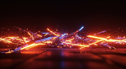 Obraz premium Abstract digital art showcasing a vibrant display of neon orange and blue light beams, interweaving across a dark floor.