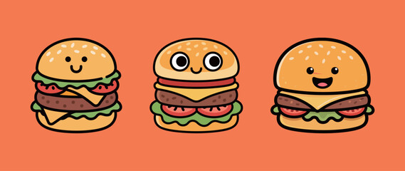 A set of three cute cartoon hamburger characters with happy smiling faces, representing fast food, joy, and delicious meals.