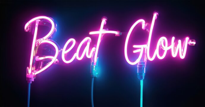 Bright pink neon sign displays Beat Glow. Dark background emphasizes glowing script lettering. Minimalist design, modern aesthetic.
