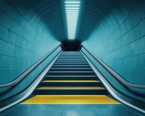 Obraz premium Firstperson perspective walking down a subway escalator, deep underground space opening into a metro station