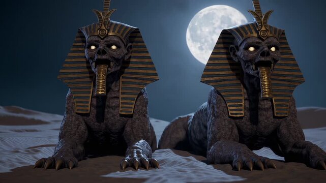 Two ancient sphinx statues with glowing eyes and pharaoh headdresses sit under a full moon in the desert. Their mysterious presence creates an eerie, magical atmosphere filled with history and legend.