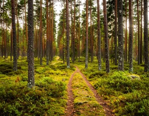 Obraz premium A serene forest path winds through a dense stand of tall pines, bathed in soft, natural light.