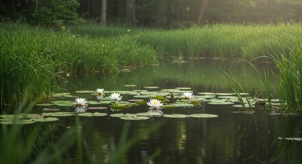 Serene pond scene with white water lilies and lush green vegetation.