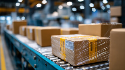Shipping Preparation Scene with Multiple Pallets Holding Shrink Wrapped Cardboard Boxes Conveyor System and Sorting Equipment Blurred in Background Warehouse Lighting
