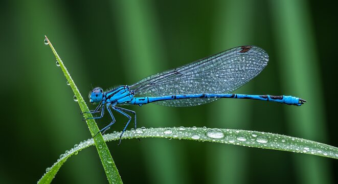 Beautiful blue dragonfly resting on green leaf macro - Powered by Adobe