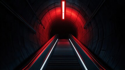 Fototapeta premium Subway station escalator leading into a dark tunnel, cinematic lighting creating a mysterious underground scene