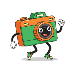 Cartoon groovy photo camera retro character. Isolated vector funky, hippie style photocamera personage adorned with vibrant daisy flowers, stars and playful smile push shooting button to make snapshot
