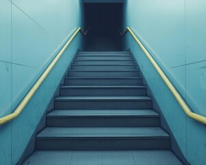 Fototapeta premium Drone shot of an urban metro entrance, descending staircases forming a deep vanishing point into the underground