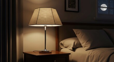 A bedside lamp illuminates a bedroom at night, a full moon visible through a window
