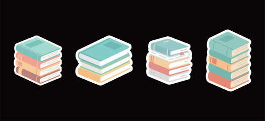A set of four different styles of cute pastel cartoon book stacks stickers on a black background, representing education, reading and knowledge.
