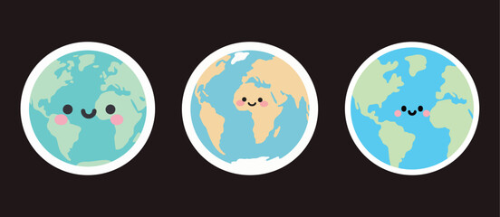 A set of three different styles of cute cartoon Earth globe stickers with happy faces, representing environment, travel and planet.