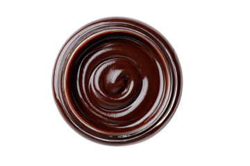 Close-up of dark chocolate spread in a clear glass jar.  Rich, smooth, and glossy chocolate swirls in a circular pattern