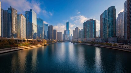 Obraz premium Chicago Cityscape Riverfront Skyline with Modern Buildings at Sunrise modern architecture