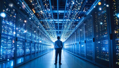 Person Standing in Server Room with Glowing Lights