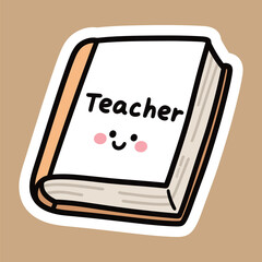 Cute illustrated teacher book sticker with a smiling cartoon face on the cover, isolated on a warm, earthy background.