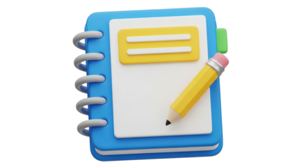 3D illustration of a blue notebook with a yellow pencil and notepad writing education isolated on a transparent background