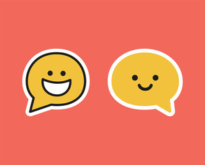Two cute chat bubble icons with smiling faces, representing conversation, communication, and social interaction on a red background.